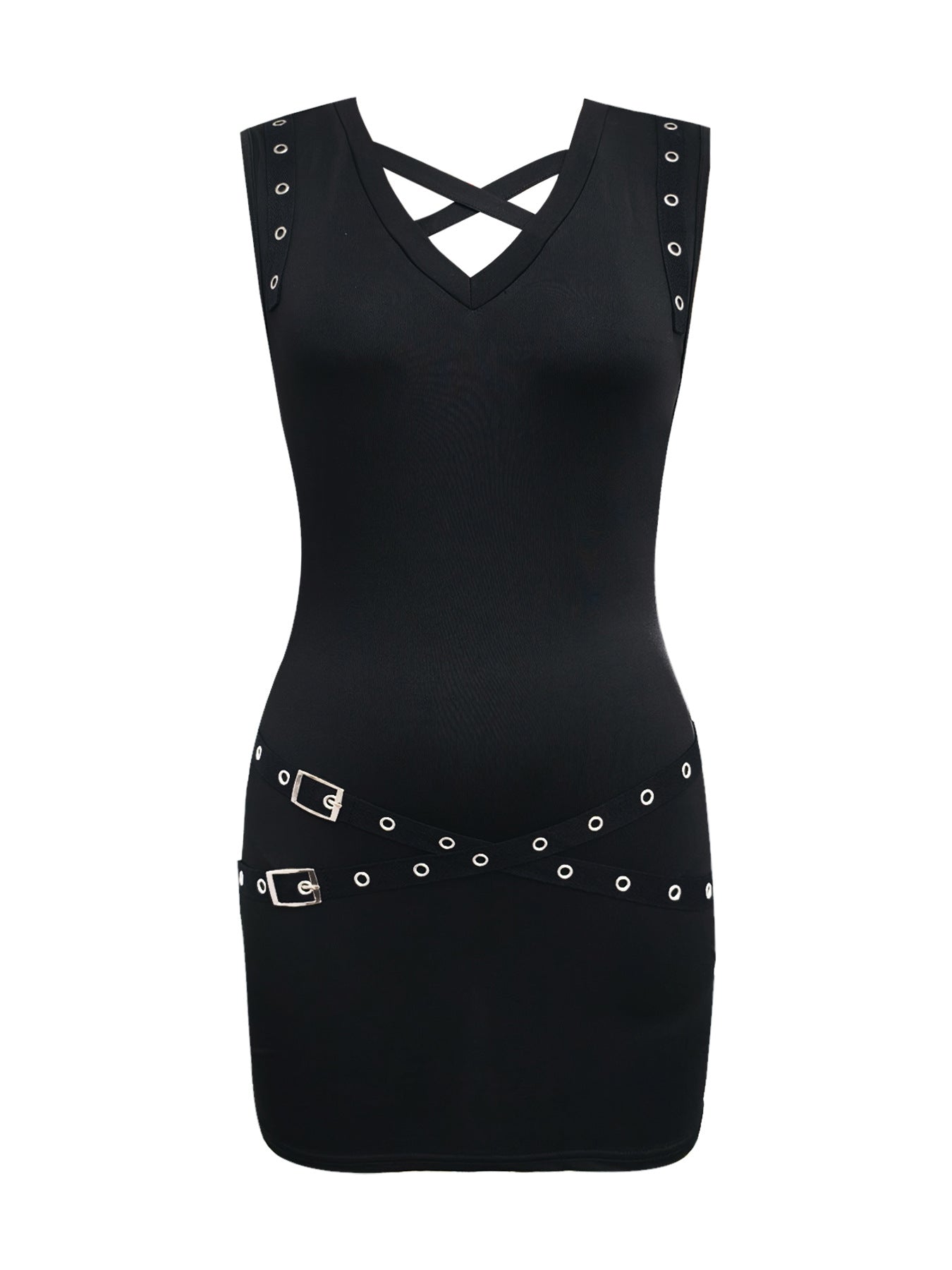 Robe courte noire col V, bretelles à œillets et bande décorée de clous