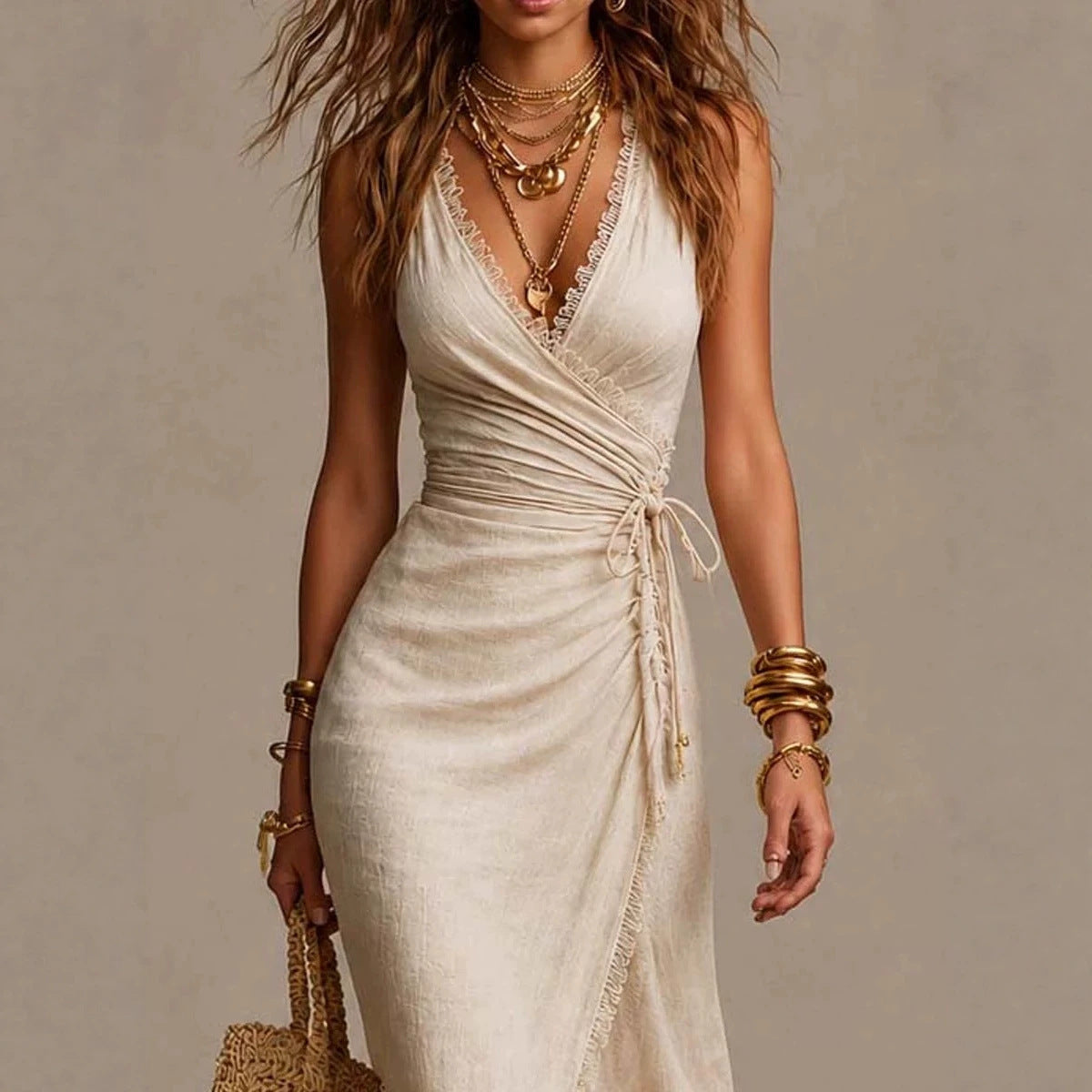 Robe portefeuille beige sans manches, col V, laçage à la taille, drapé sur le devant.