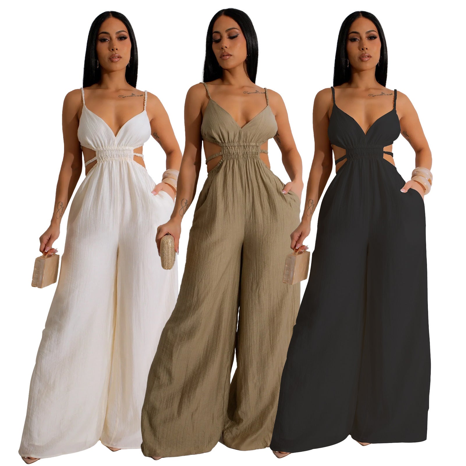 Lot de 3 combinaisons sans manches : blanche, kaki et noire, dos nu, jambes larges