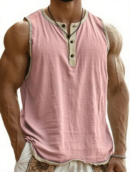 Débardeur homme coton rose sans manches, encolure boutonnée, col contrasté vert