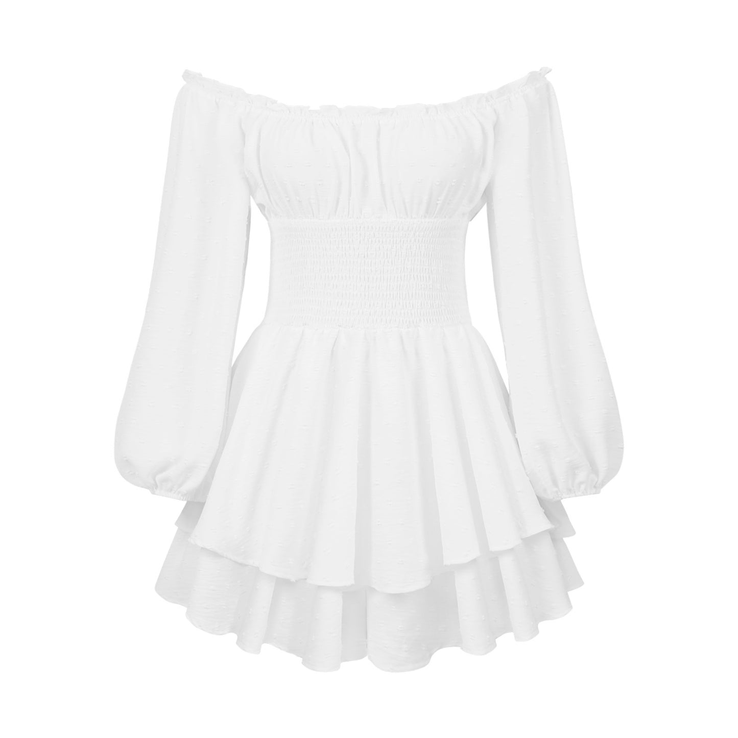 Robe courte blanche épaules dénudées, manches bouffantes longues, jupe à volants évasée.
