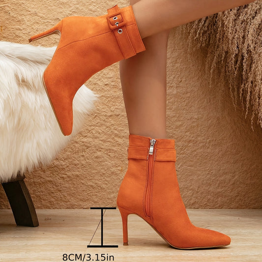 Bottines à Talons Hauts Femme Orange - Boots Pointues à Boucle