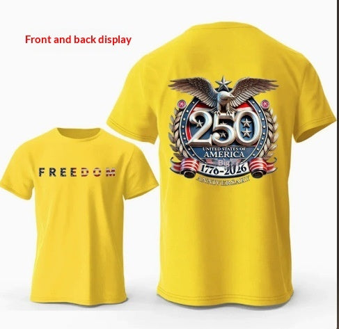 T-shirt homme jaune avec impression 3D aigle et motif 250e anniversaire 1776-2026
