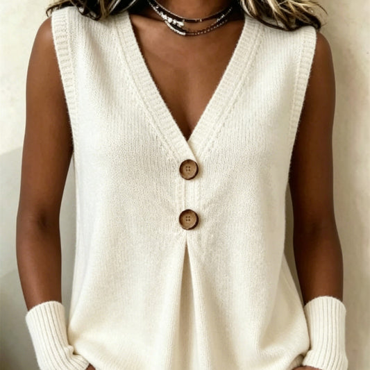 Gilet sans manches en maille blanche, col V, fermeture à deux boutons en bois.
