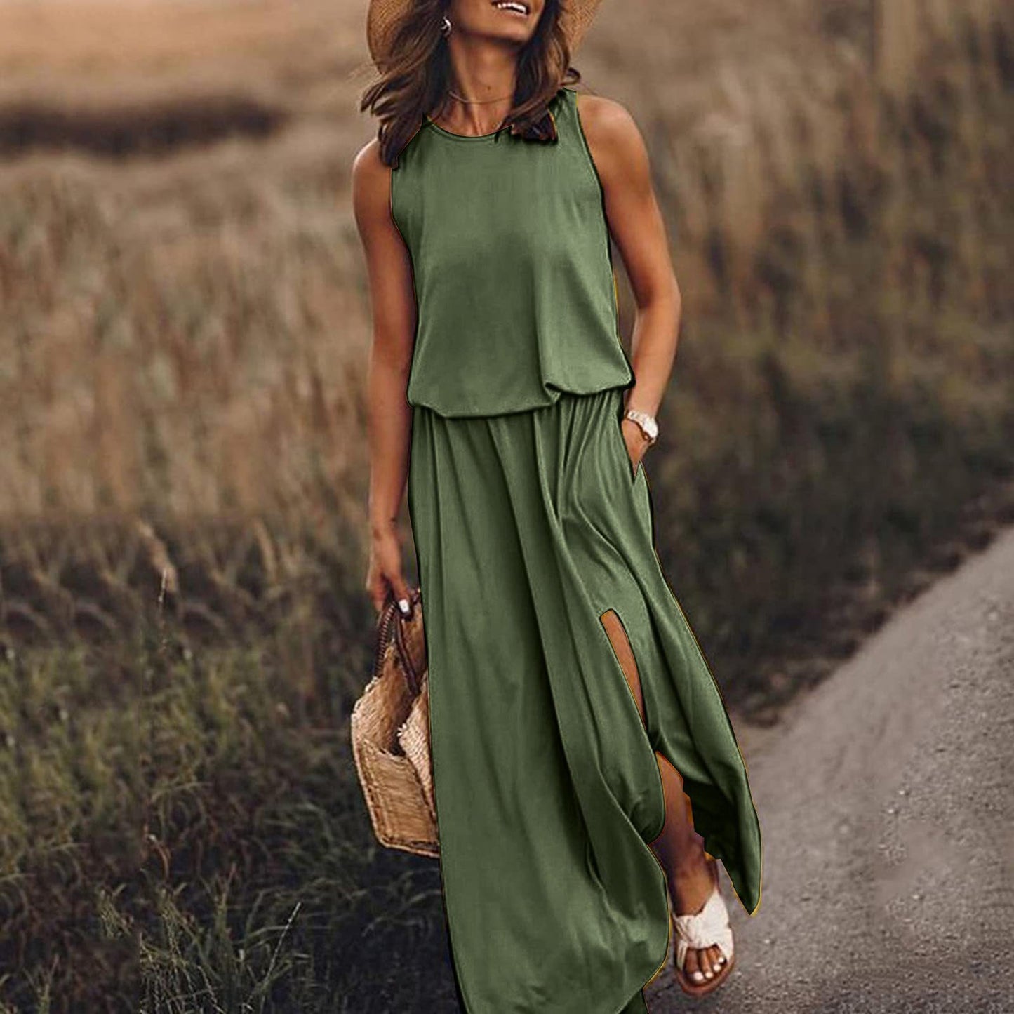 Robe longue sans manches à col rond, vert foncé, fente latérale et poches
