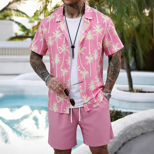 Ensemble t-shirt rose à imprimé palmiers et short assorti à cordon
