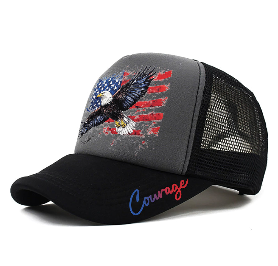 Casquette grise en mesh avec motif aigle USA et logo Courage sur la visière