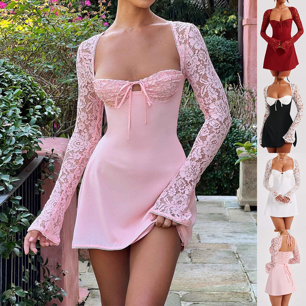 Robe courte rose pâle avec corsage en dentelle et nœud, manches longues en dentelle