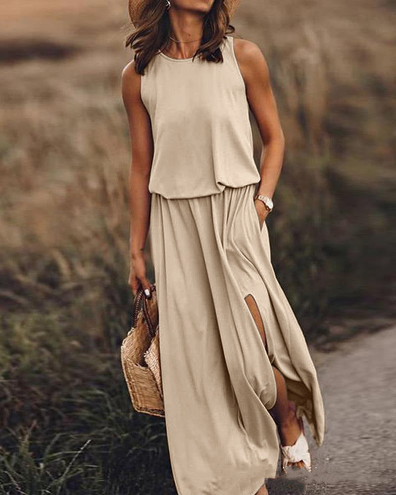 Robe longue sans manches à col rond, beige clair, fente latérale et poches