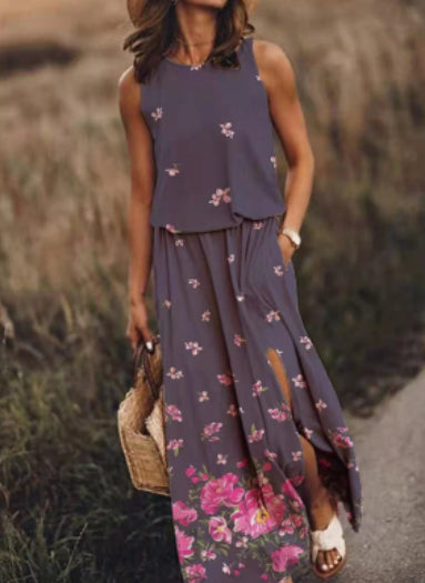 Robe longue sans manches à col rond, violet fleuri rose, fente latérale et poches