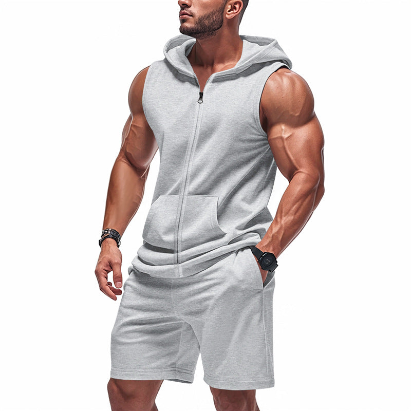 Ensemble débardeur à capuche zippé gris et short assorti, homme
