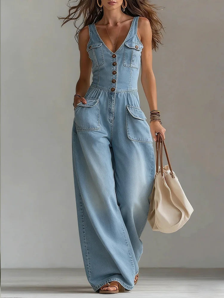 Combinaison en jean bleu clair, sans manches, col V, poches et boutons
