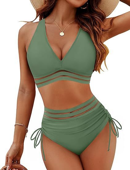 Maillot de bain deux pièces taille haute vert olive, triangle plongeant et rayures