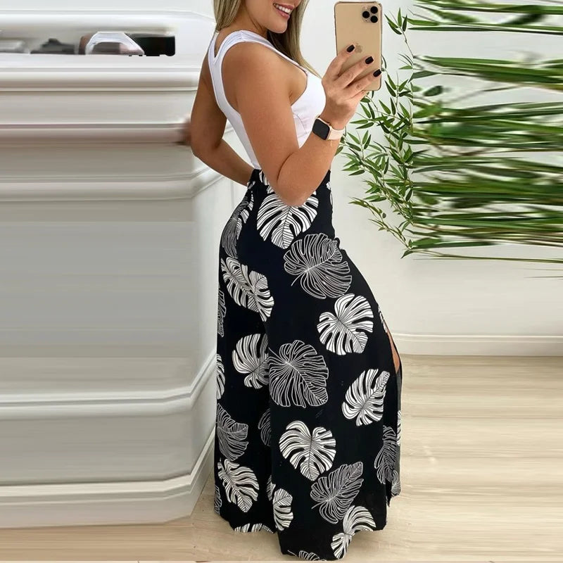 Ensemble Ete Femme - Debardeur Decoupe et Pantalon Jambes Larges Imprime Tropical