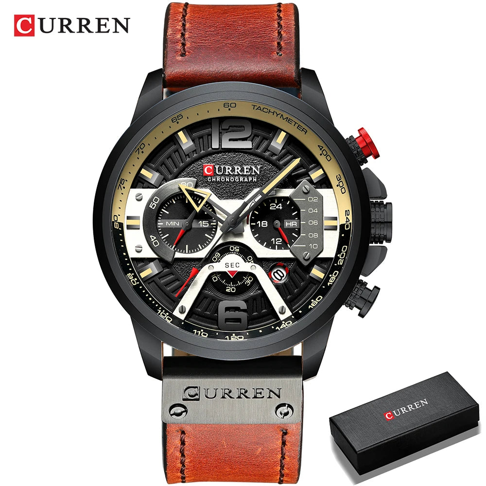 Montre chronographe bracelet cuir rouge, boîtier noir, cadran noir à aiguilles et compteurs