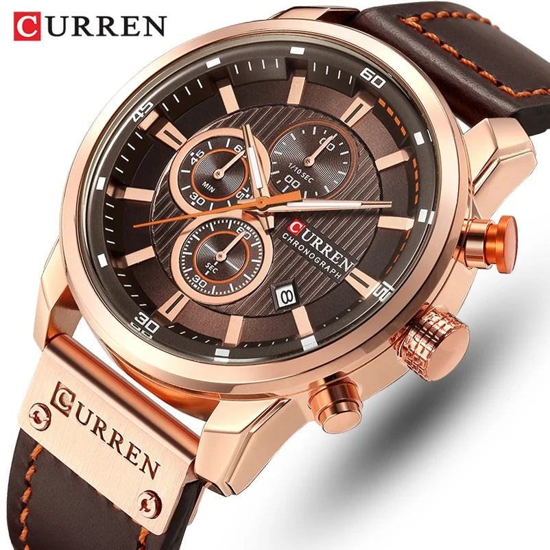 Montre-bracelet CURREN cadran noir boîtier doré rosé, bracelet cuir marron.