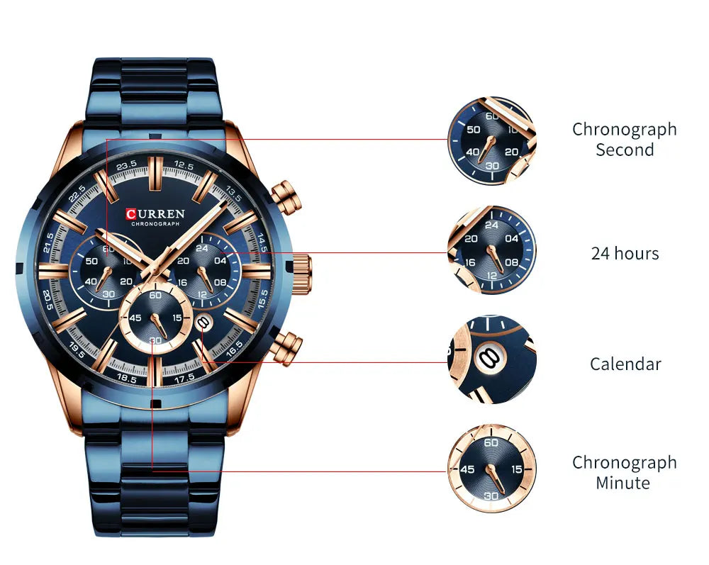 Montre homme CURREN, cadran bleu avec fonctions chronographe, bracelet acier bleu
