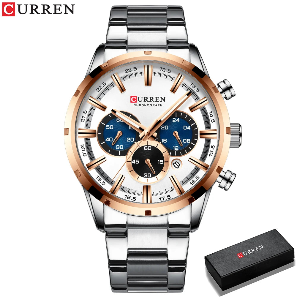 Montre homme CURREN cadran blanc 3D, bracelet acier argenté, lunette dorée