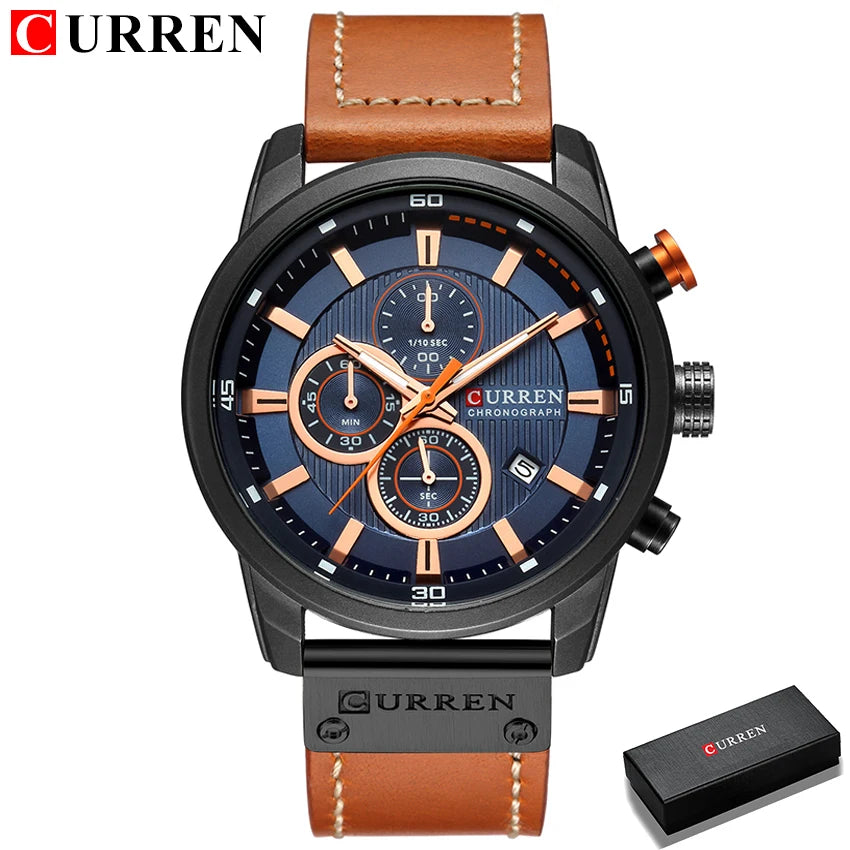 Montre-bracelet CURREN cadran bleu, boîtier noir, bracelet cuir marron, chronographe.