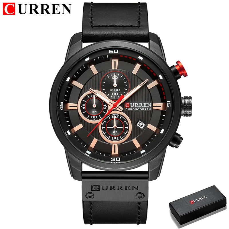 Montre-bracelet CURREN cadran noir, boîtier noir, bracelet cuir noir, chronographe.