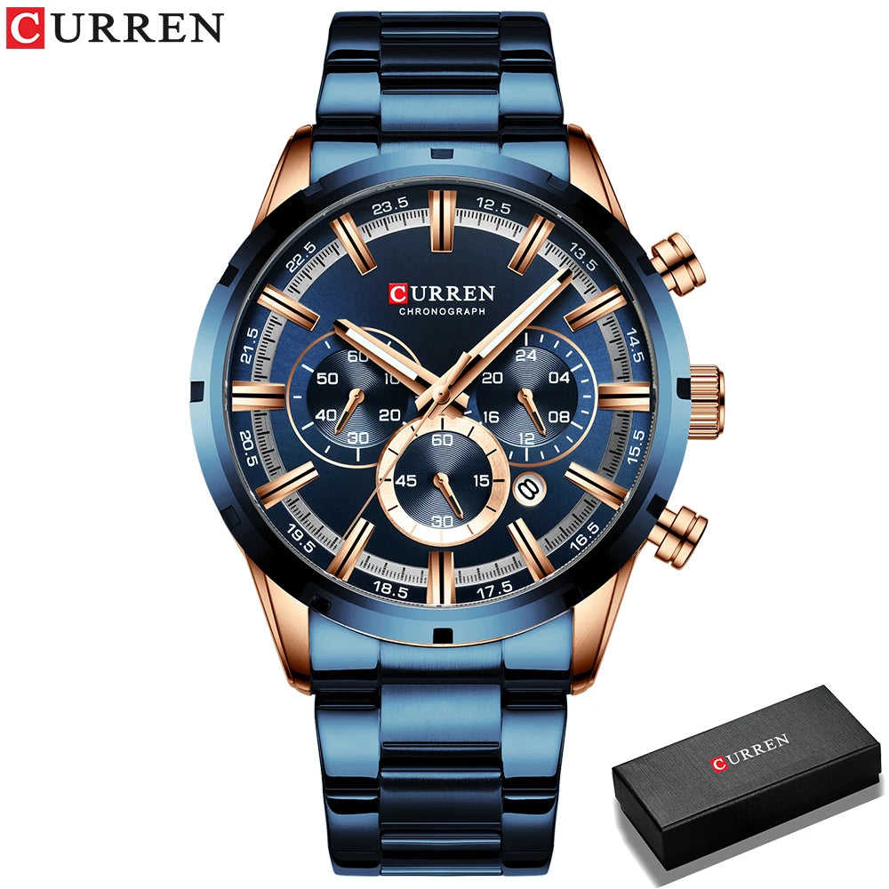 Montre homme CURREN cadran bleu 3D, bracelet acier bleu, trois sous-cadrans