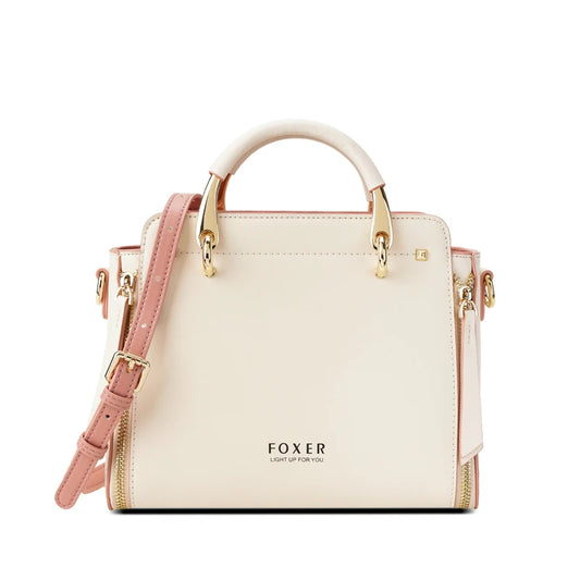 Sac à bandoulière en cuir crème, anses et bandoulière rose, fermeture zippée