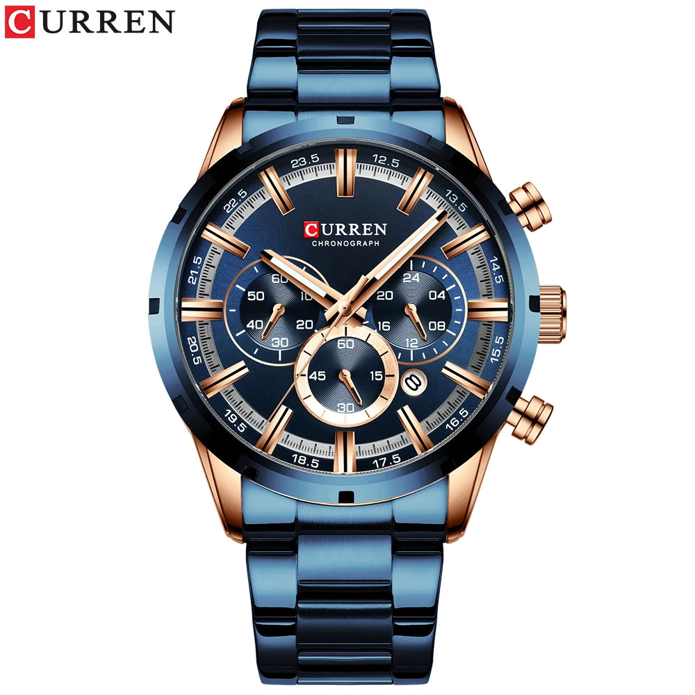 Montre homme CURREN, cadran bleu et compteurs, bracelet acier bleu, boîtier doré