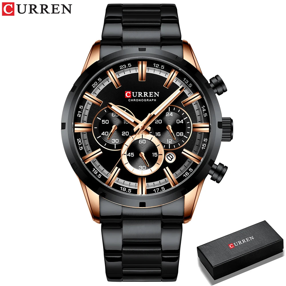 Montre homme CURREN cadran noir 3D, bracelet acier noir, trois sous-cadrans