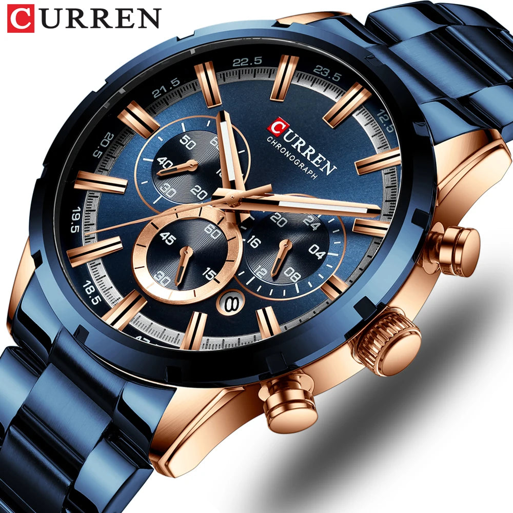 Montre homme CURREN au cadran bleu foncé, trois compteurs, boîtier bleu et doré