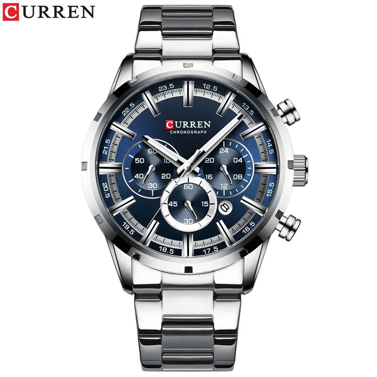 Montre homme CURREN cadran bleu 3D, bracelet acier argenté, trois sous-cadrans