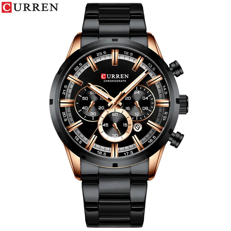 Montre homme CURREN cadran noir 3D, bracelet acier noir, lunettes dorées