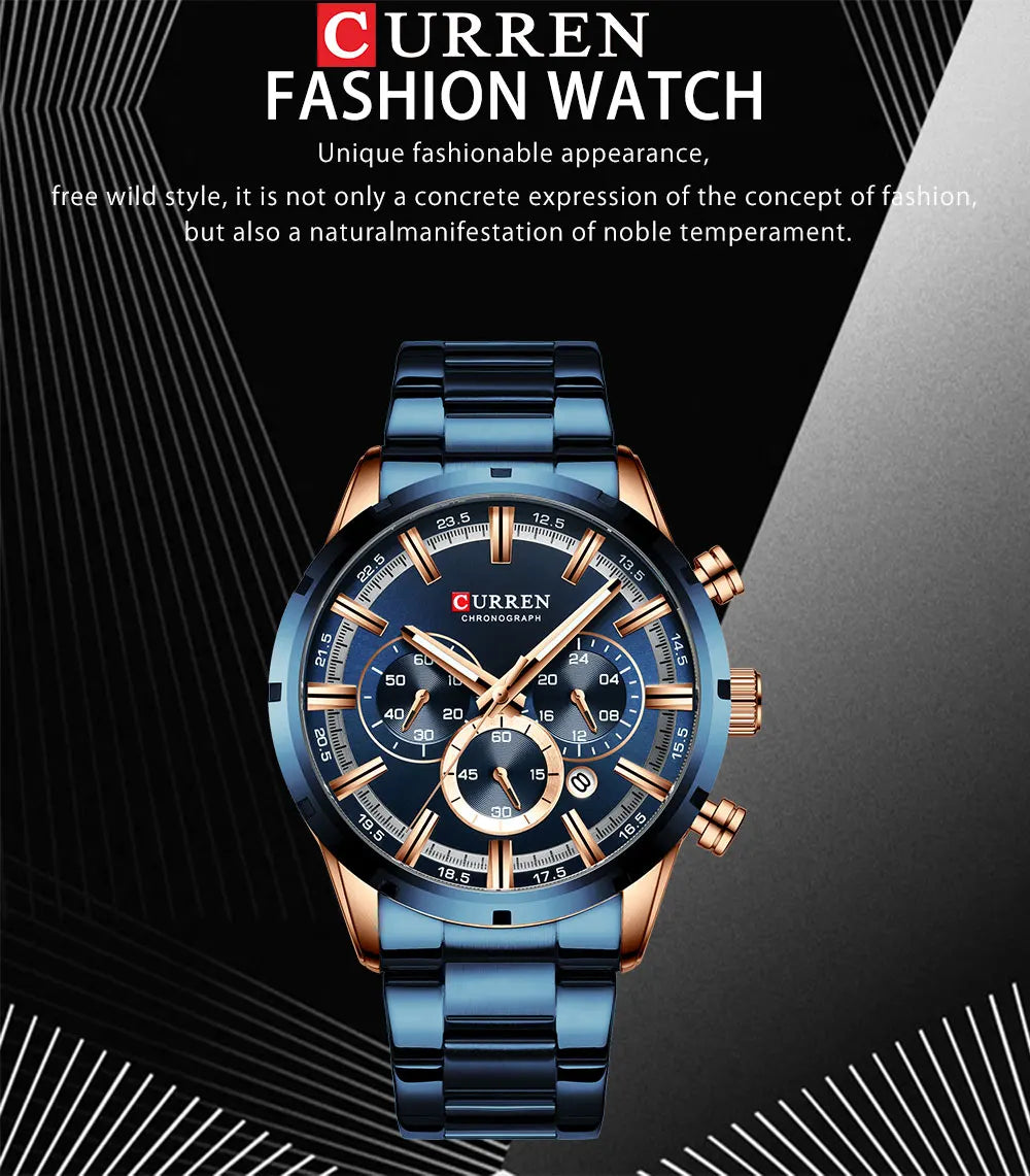 Montre homme CURREN, bracelet acier bleu, cadran bleu et détails dorés, trois compteurs