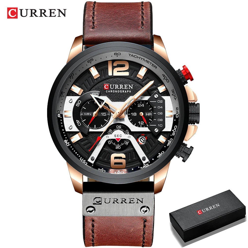Montre chronographe bracelet cuir rouge bordeaux, boîtier noir, cadran noir et détails dorés