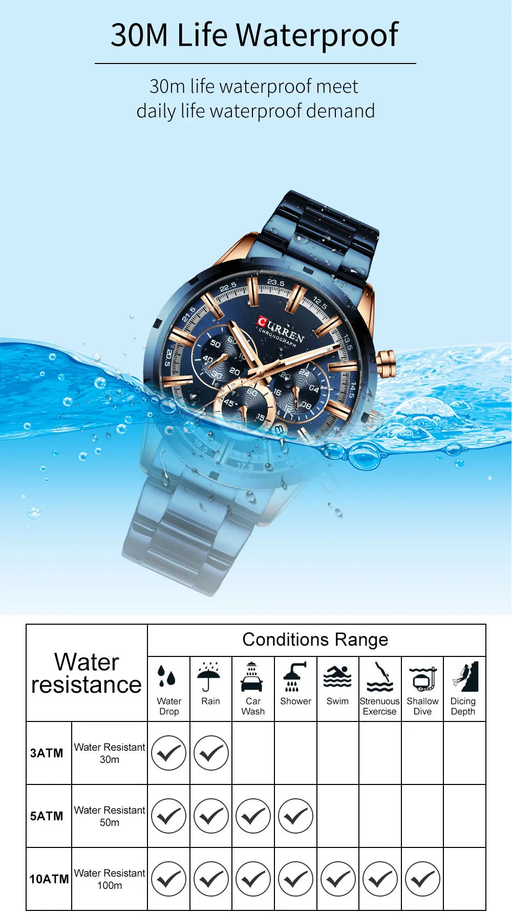 Montre homme CURREN avec bracelet acier bleu, boîtier bleu, cadran bleu chronographe