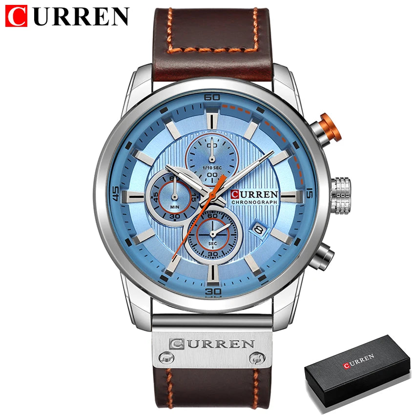 Montre-bracelet CURREN cadran bleu, boîtier argenté, bracelet cuir marron, chronographe.