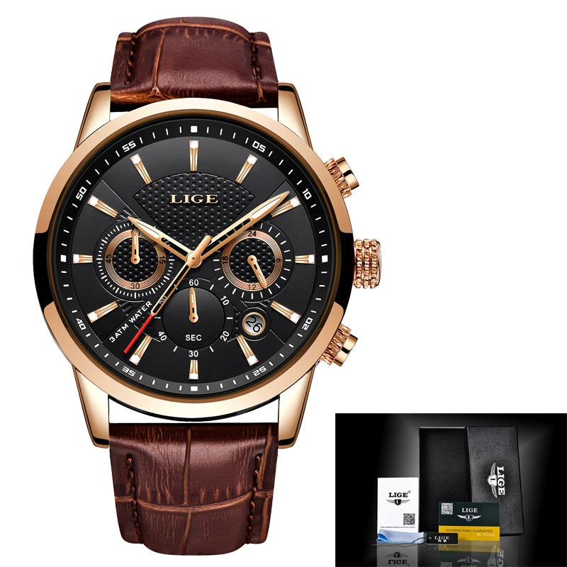 Montre Homme LIGE Cuir Marron - Quartz Étanche Sport Élégante