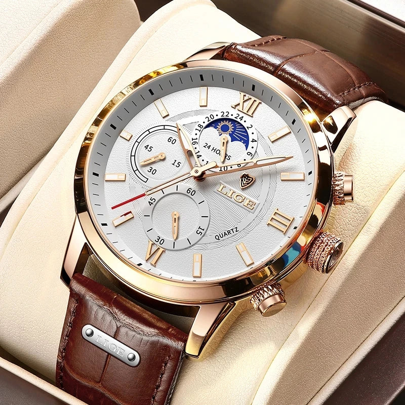 Montre Homme LIGE Cuir Marron - Quartz Étanche Sport Élégante