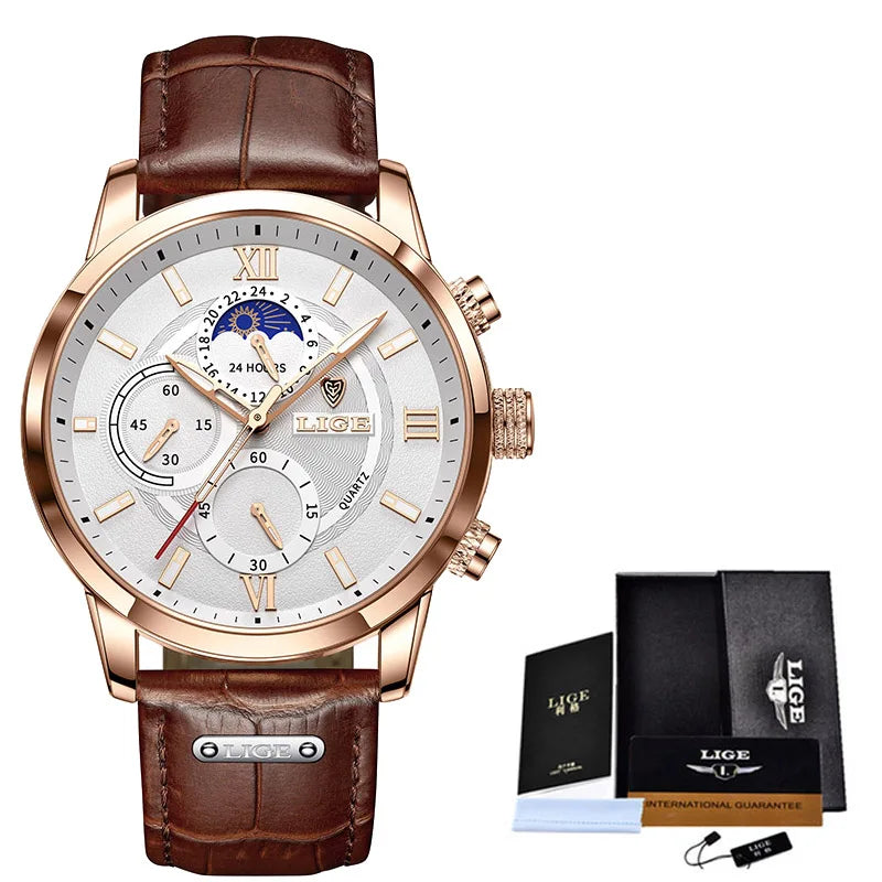 Montre Homme LIGE Cuir Marron - Quartz Étanche Sport Élégante