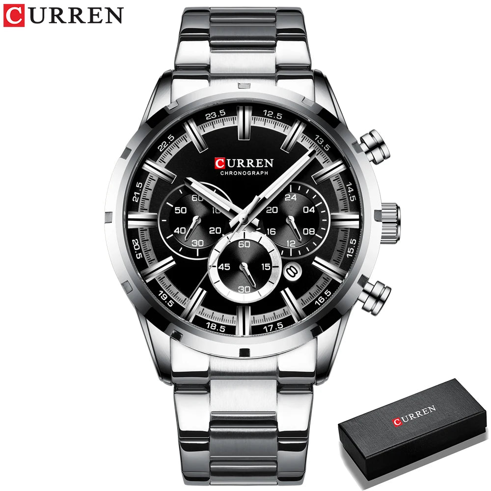 Montre homme CURREN cadran noir 3D, bracelet acier argenté, lunettes noires