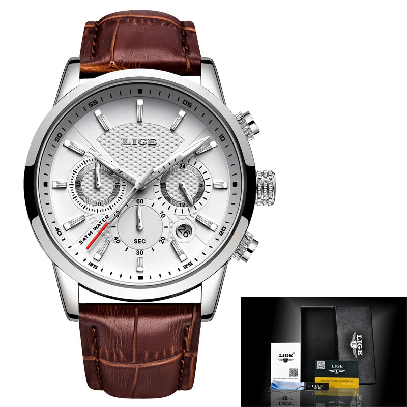 Montre Homme LIGE Cuir Marron - Quartz Étanche Sport Élégante