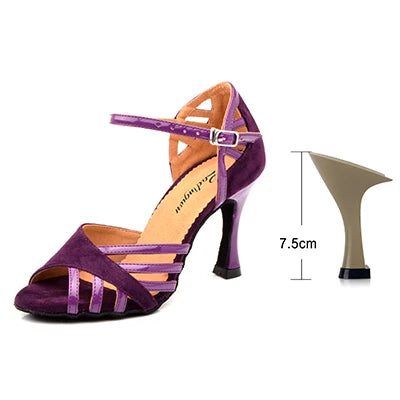 Escarpins femme à talon cubain en daim et PU, violet, brides croisées et boucle.
