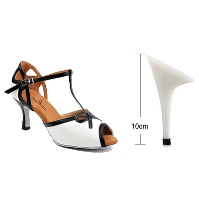Chaussures de danse femme blanches à brides noires, talon carré 10 cm