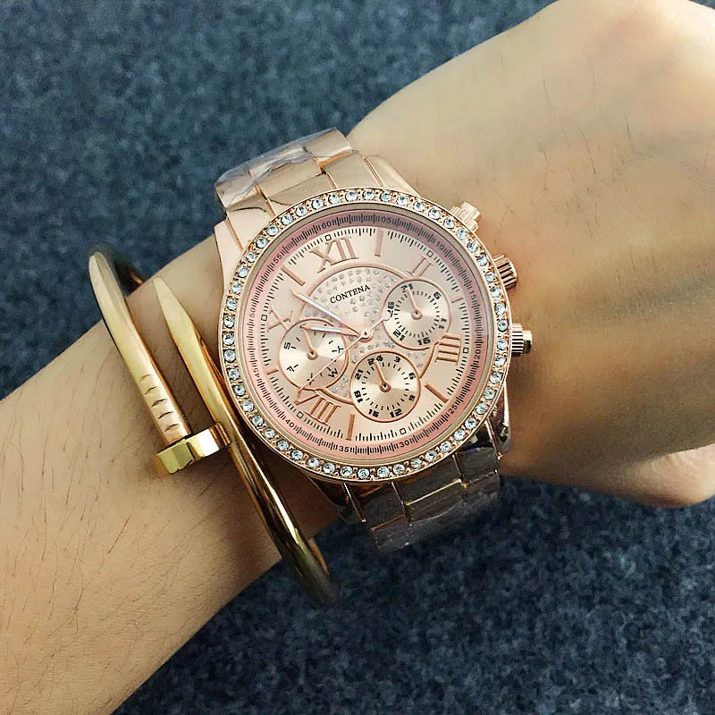 Montre Femme Luxe Diamants Or Rose - Acier Inoxydable Quartz Élégante chiffre romain