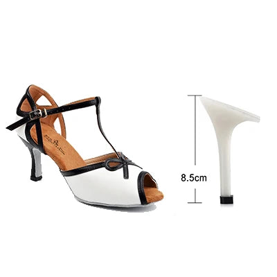 Chaussures de danse femme blanches à brides noires, talon carré 8,5 cm