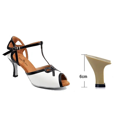 Chaussures de danse femme blanches à brides noires, talon carré 6 cm