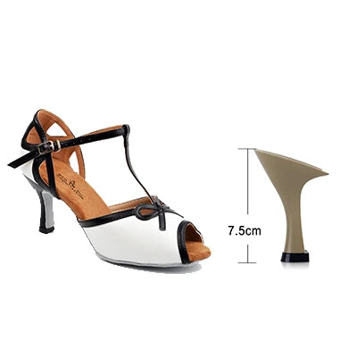 Chaussures de danse femme blanches à brides noires, talon carré 7,5 cm