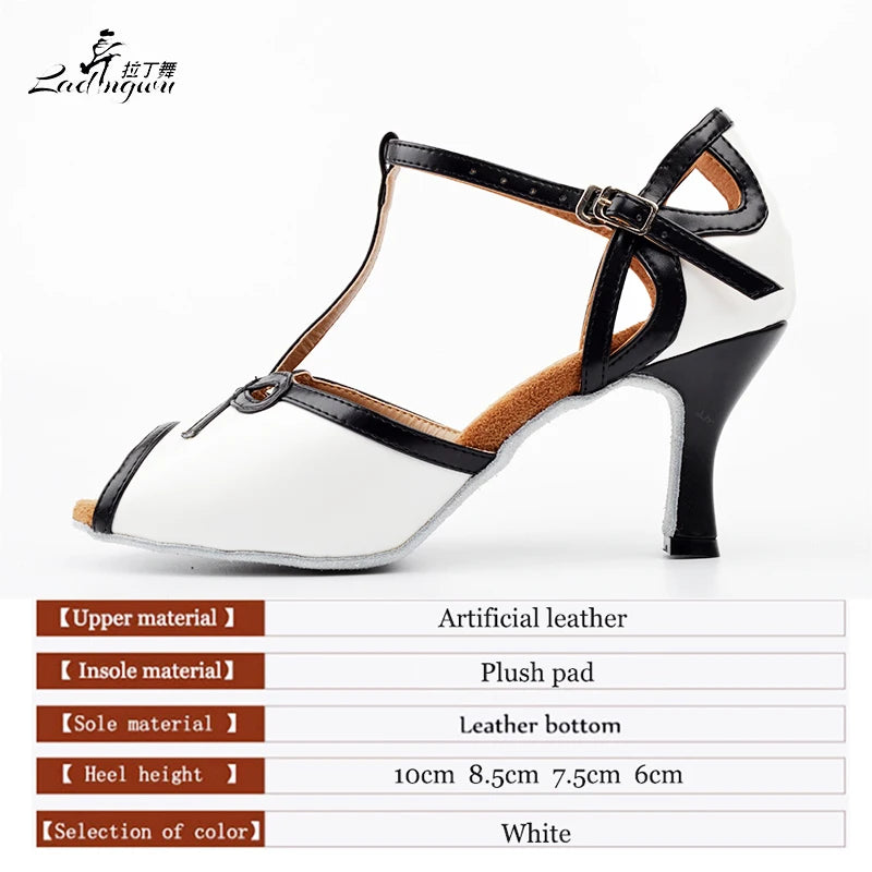 Chaussures de danse femme blanches à brides noires, talon carré et boucle réglable