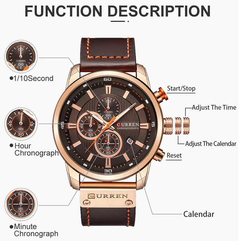 Montre-bracelet CURREN cadran noir, boîtier doré rosé, bracelet cuir marron, chronographe.