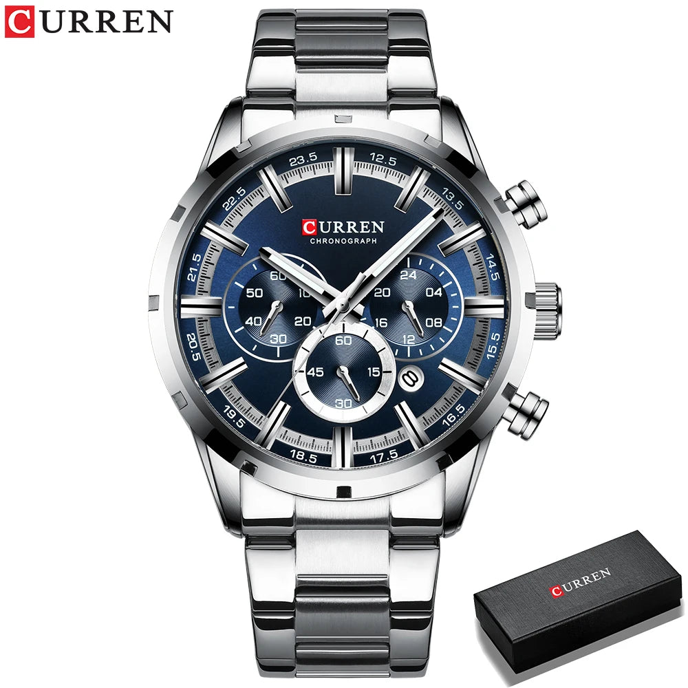 Montre homme CURREN cadran bleu 3D, bracelet acier argenté, trois sous-cadrans