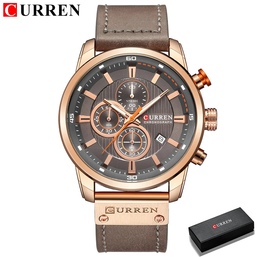 Montre-bracelet CURREN cadran brun foncé, boîtier doré rosé, bracelet cuir gris.